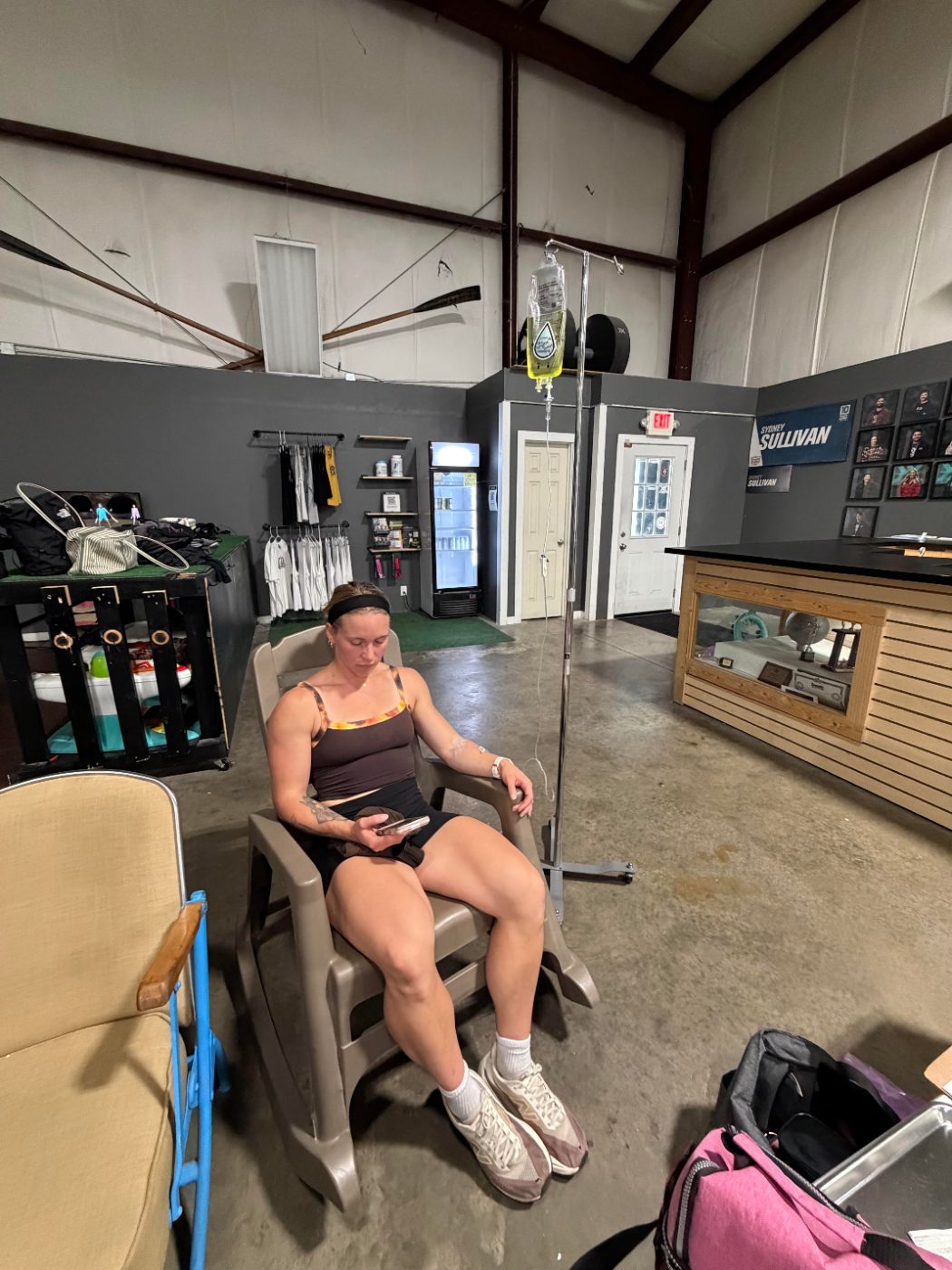An IV session between sets at the gym